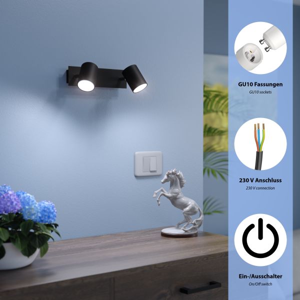 Home Smart LED RGBW schwarz 473lm zweiflammig, GU10 matt, WAIKA, Schalter, mit Wandspot von je Lampen inkl.