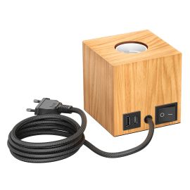 Tischlampe HITO, E27 Fassung, Holz massiv, eckig, mit USB (Leuchtmittel wählbar)