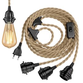 Hanf-Kabel / Textilkabel LEKA, Stecker, Schalter, beige , 8 m, Lampen-Fassung, 3x E27 max. 60W