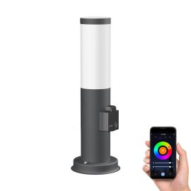 Pollerleuchte PORU mit Steckdose für außen, edelstahl, rund, 38,5cm, inkl. Smart Home RGBW E27 LED Lampe, 892lm (Farbe wählbar)