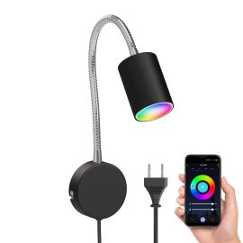 Leselampe WAIKA mit Schwanenhals, Stecker, Schalter schwarz matt, inkl. Smart Home RGBW GU10 LED Lampe, 5,41W, 473lm